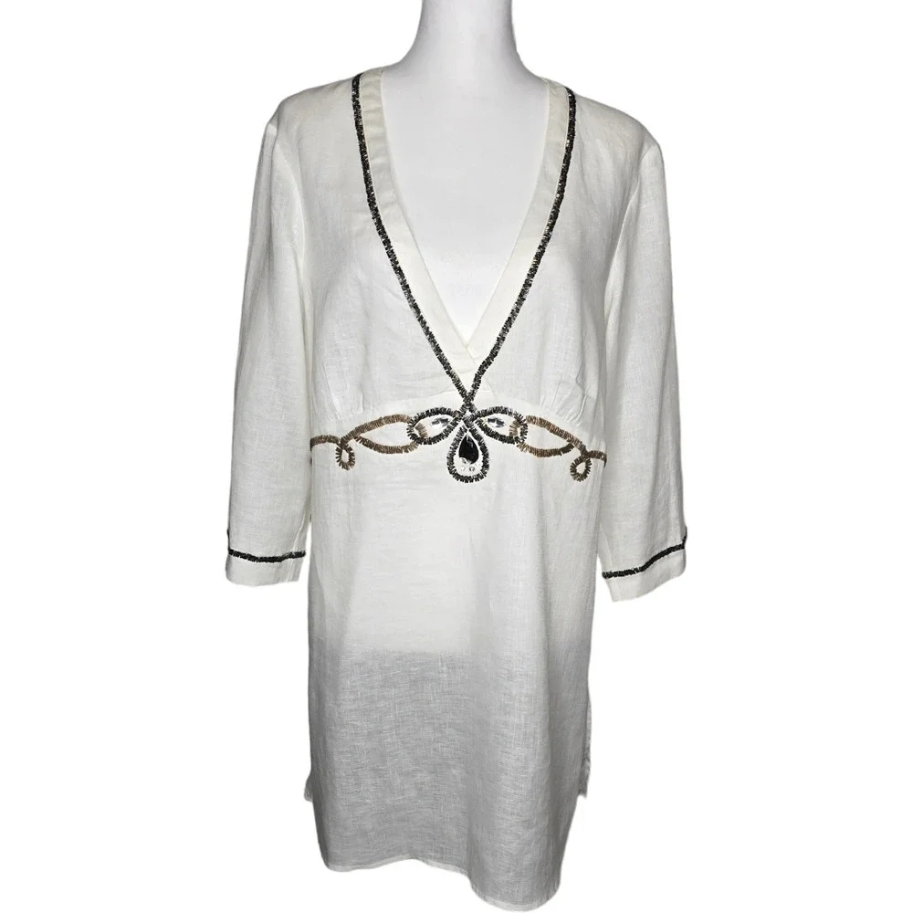 Chico’s Sawyer Optic White Sequin‎ Swimsuit Coverup Linen Tunic Size 2/Large